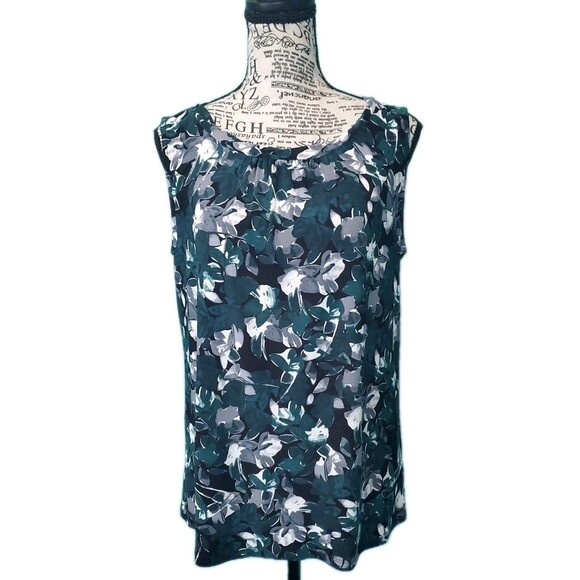 Womens Sz M Dressy Tank Top Dark Green Floral Pullover Lightweight By Kasper - Picture 1 of 10